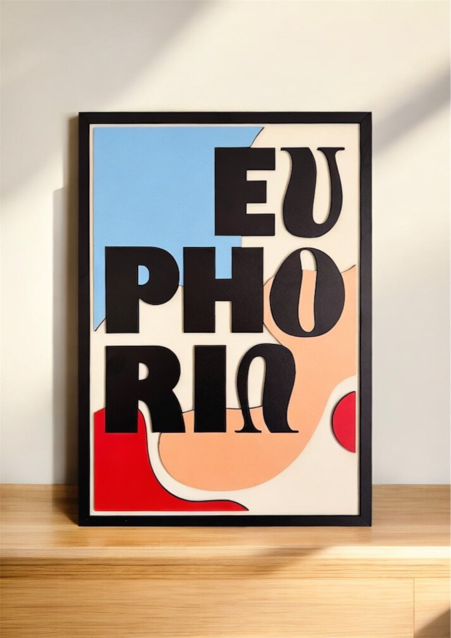 Euphoria wall art featuring the word 'Euphoria' in bold black letters with a color palette of blue, black, red, pink, and off-white. Perfect for modern and vibrant home decor.