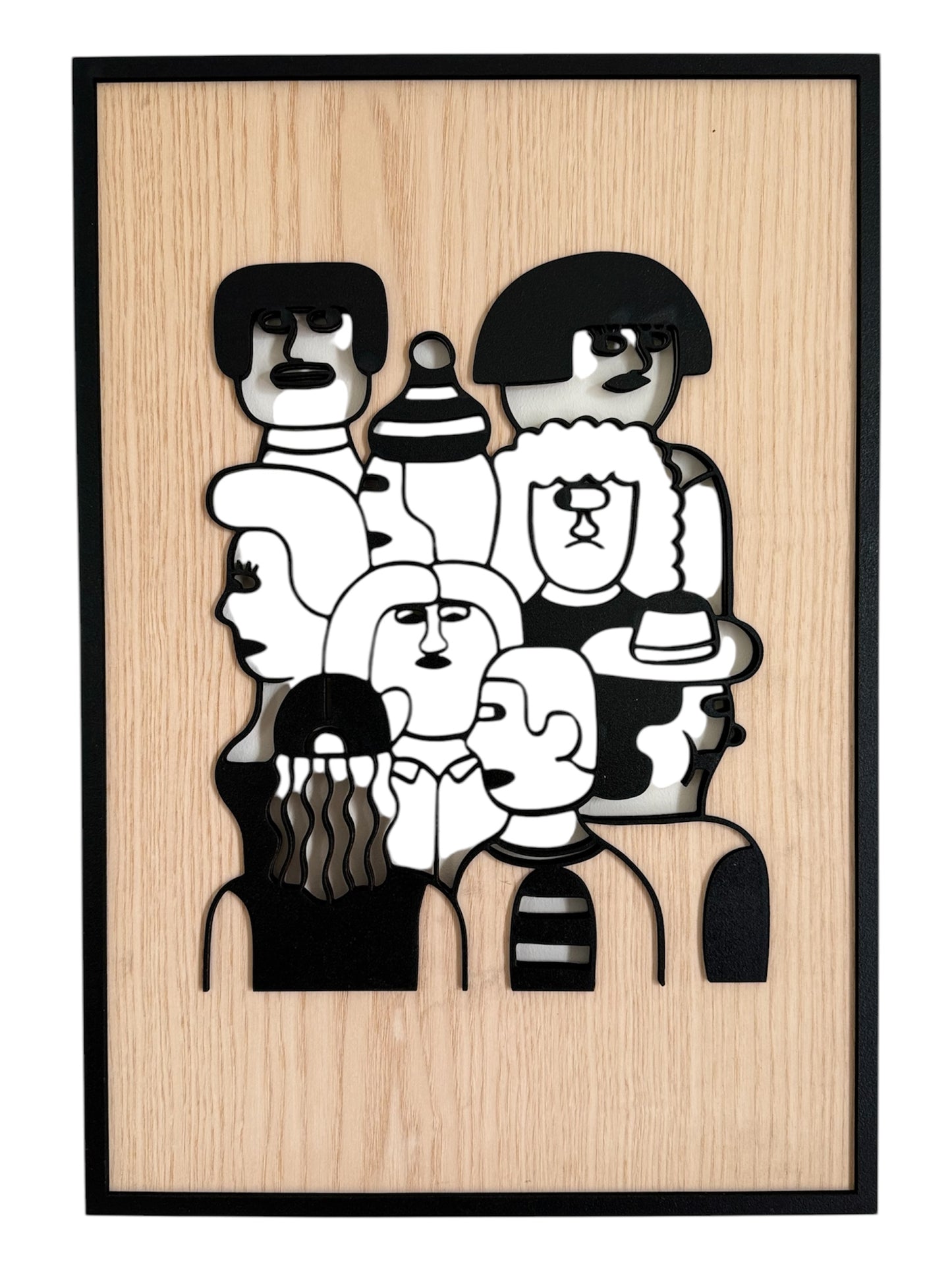 Shared Space wall art in one-line art style showing a diverse crowd united, using minimalist black lines and natural wood tones. Ideal for inclusive, modern decor.
