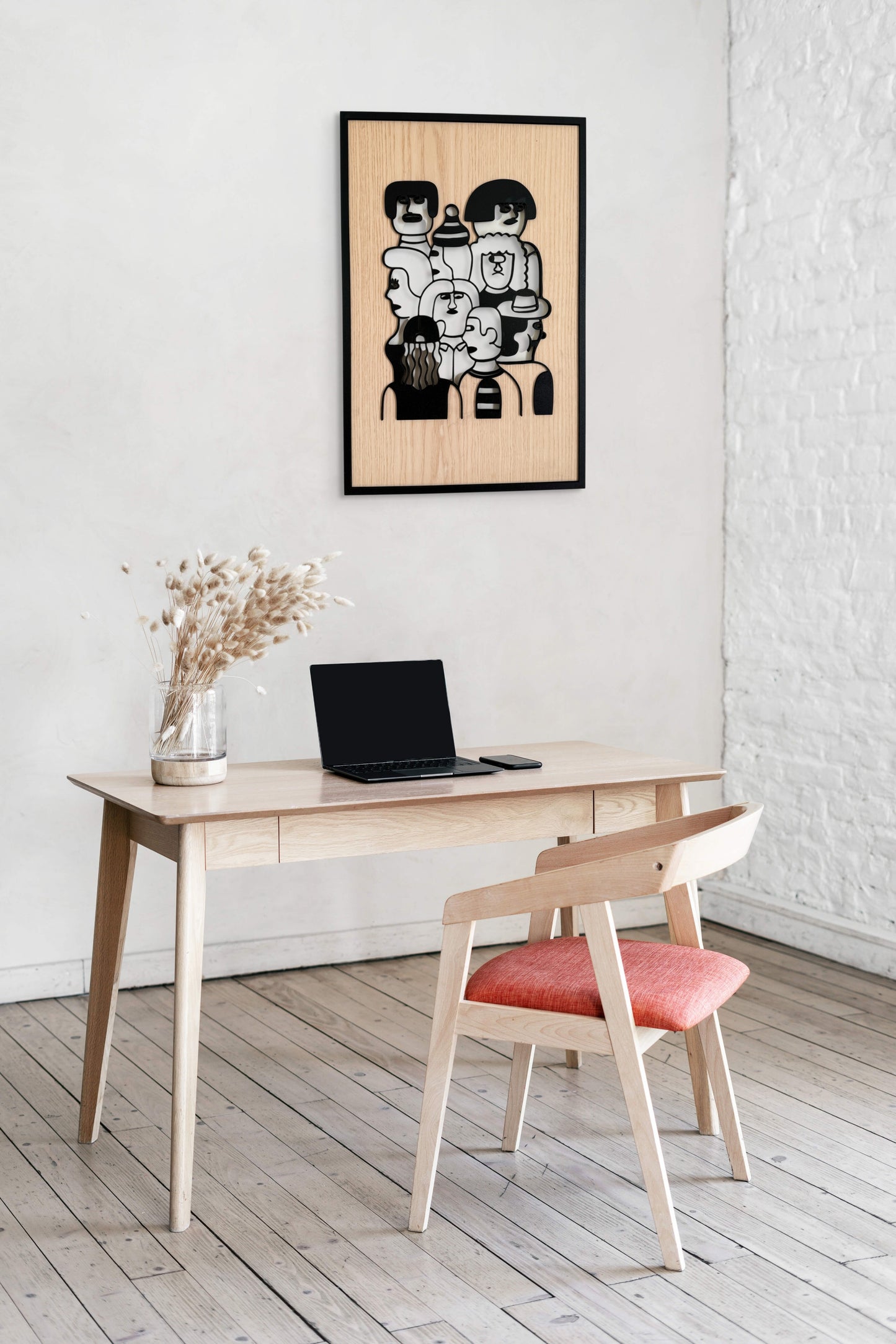 Shared Space wall art in one-line art style showing a diverse crowd united, using minimalist black lines and natural wood tones. Ideal for inclusive, modern decor.