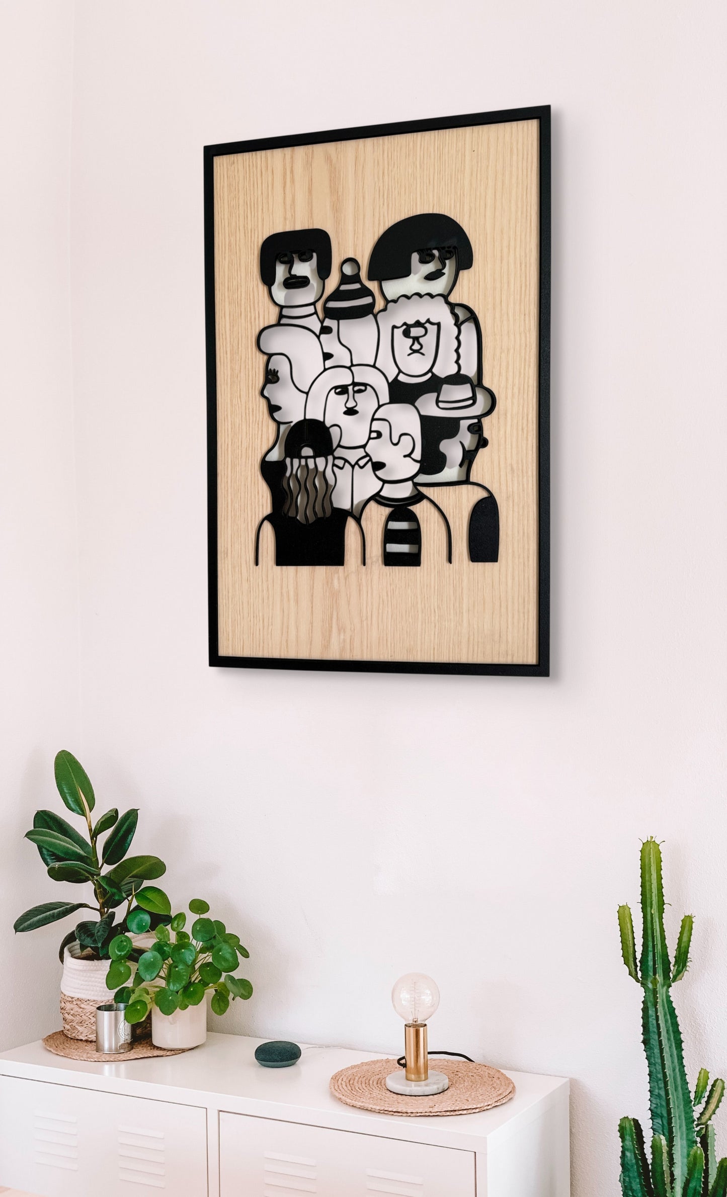 Shared Space wall art in one-line art style showing a diverse crowd united, using minimalist black lines and natural wood tones. Ideal for inclusive, modern decor.