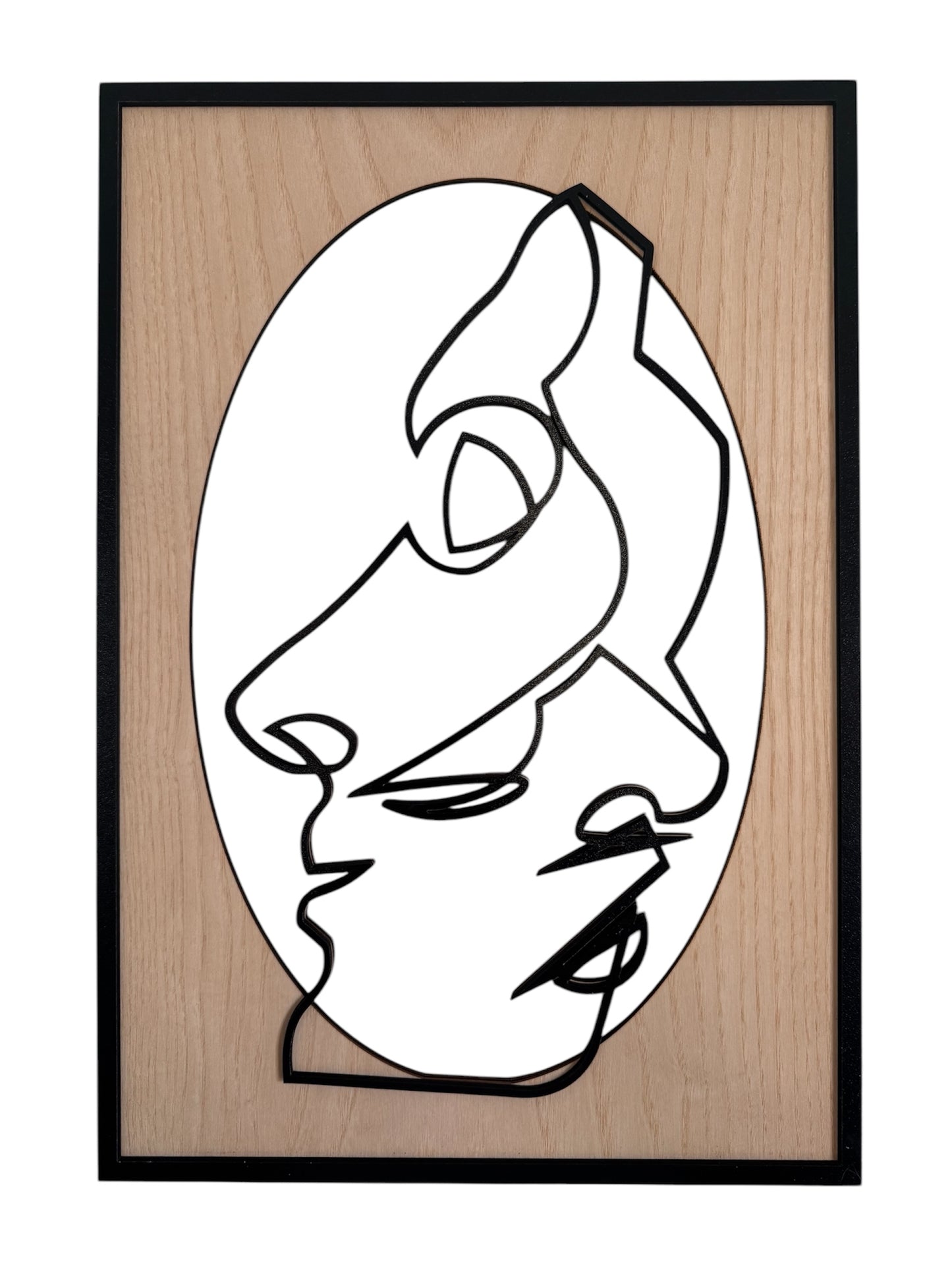 Close Together one-line art wall art featuring two faces gently embracing in a minimalist black line style with natural wood tones. Perfect for modern and romantic decor.