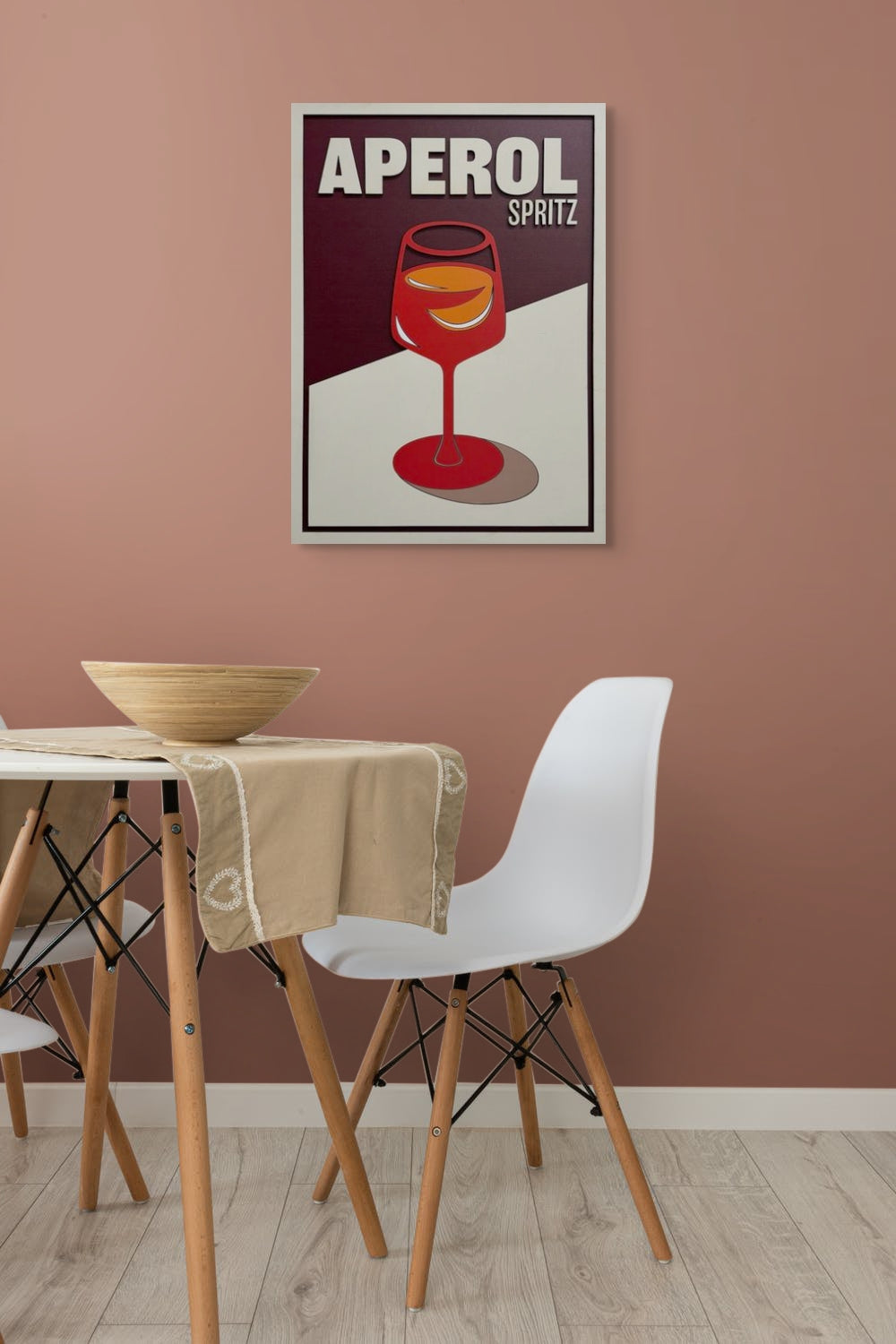 Minimalist wooden wall art of an Aperol Spritz cocktail. Laser-cut Aperol Spritz drink wall decor for kitchen or bar. Modern wooden Aperol Spritz wall art for home bar design.