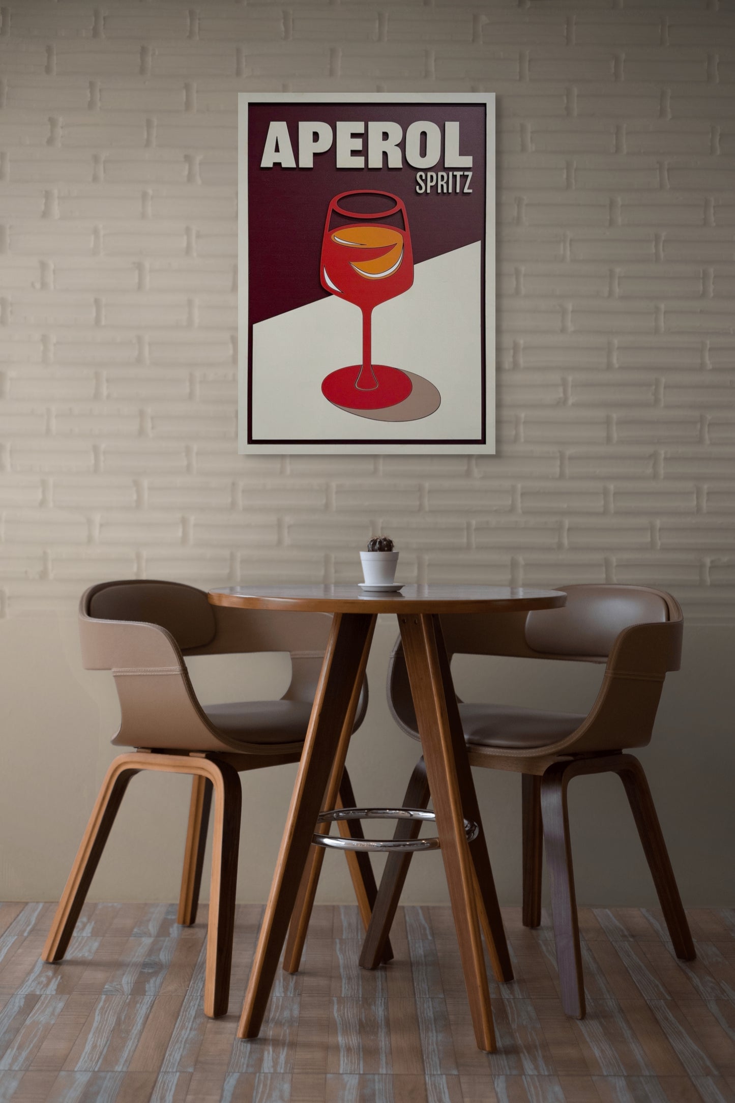 Minimalist wooden wall art of an Aperol Spritz cocktail. Laser-cut Aperol Spritz drink wall decor for kitchen or bar. Modern wooden Aperol Spritz wall art for home bar design.