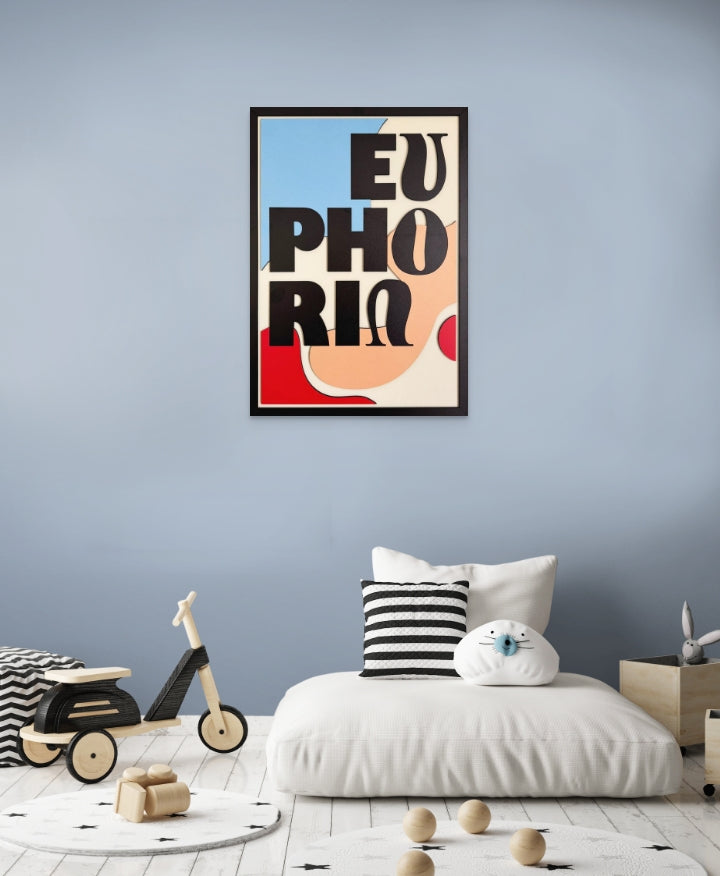 Euphoria wall art featuring the word 'Euphoria' in bold black letters with a color palette of blue, black, red, pink, and off-white. Perfect for modern and vibrant home decor.
