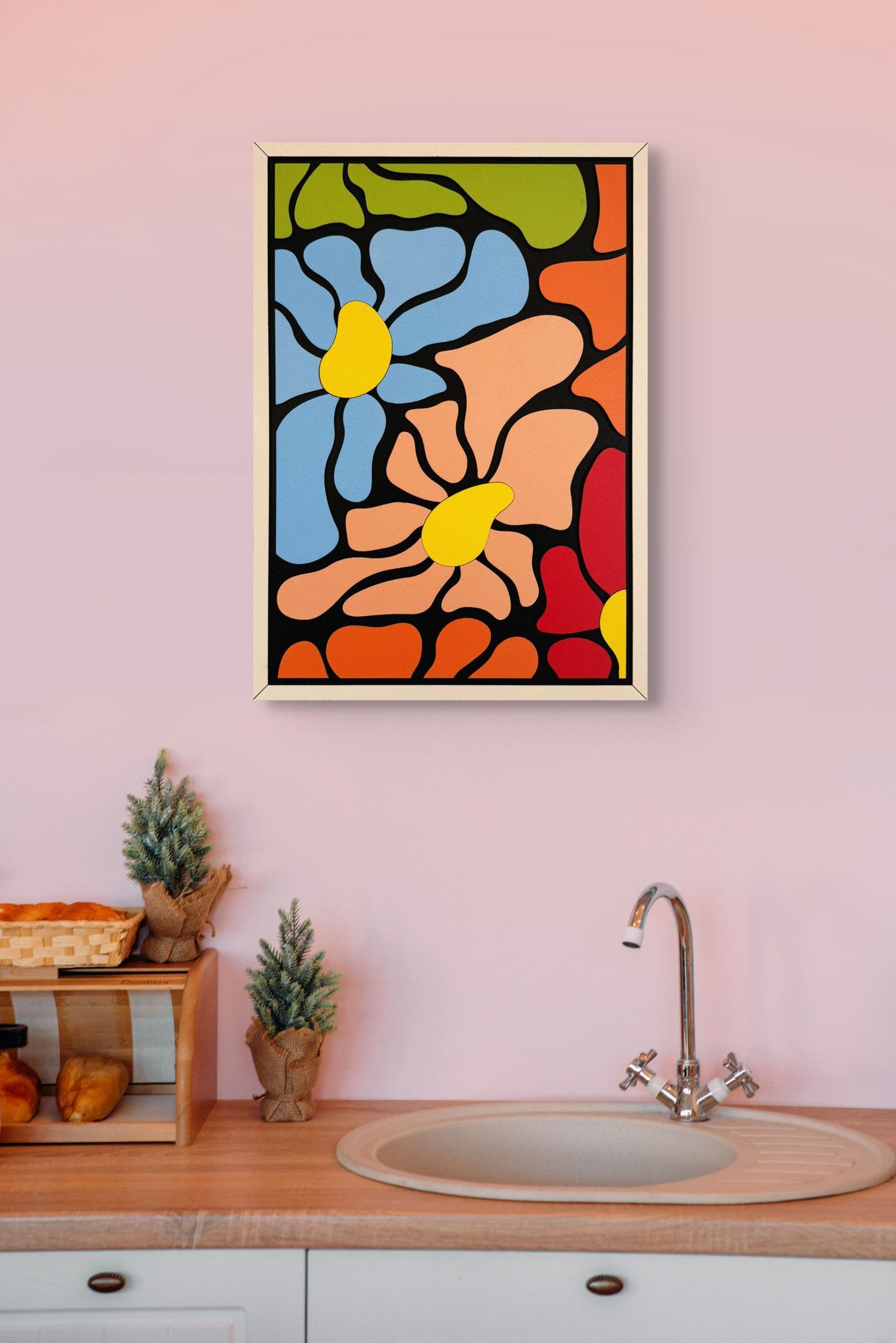 Flowers abstract wall art featuring vibrant abstract flowers in green, blue, orange, black, yellow, pink, and off-white. Perfect for colorful and modern home decor.