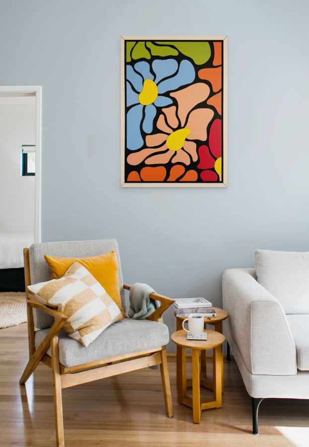 Flowers abstract wall art featuring vibrant abstract flowers in green, blue, orange, black, yellow, pink, and off-white. Perfect for colorful and modern home decor.