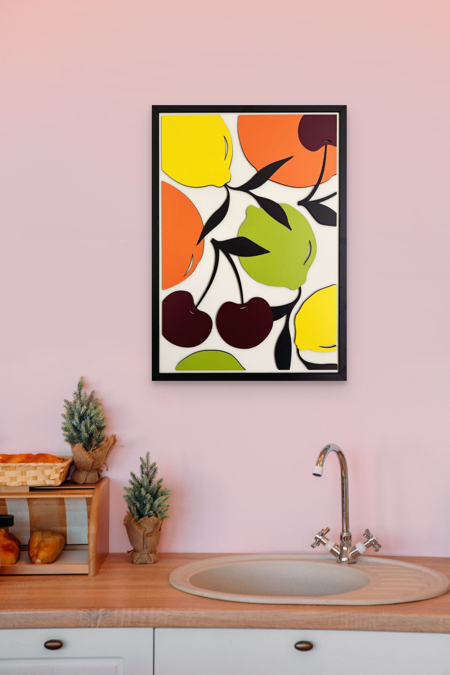 Fruits wall art featuring vibrant oranges, lemons, limes, and cherries, with a color palette of green, yellow, orange, black, burgundy, and off-white. Perfect for kitchen and dining room decor.