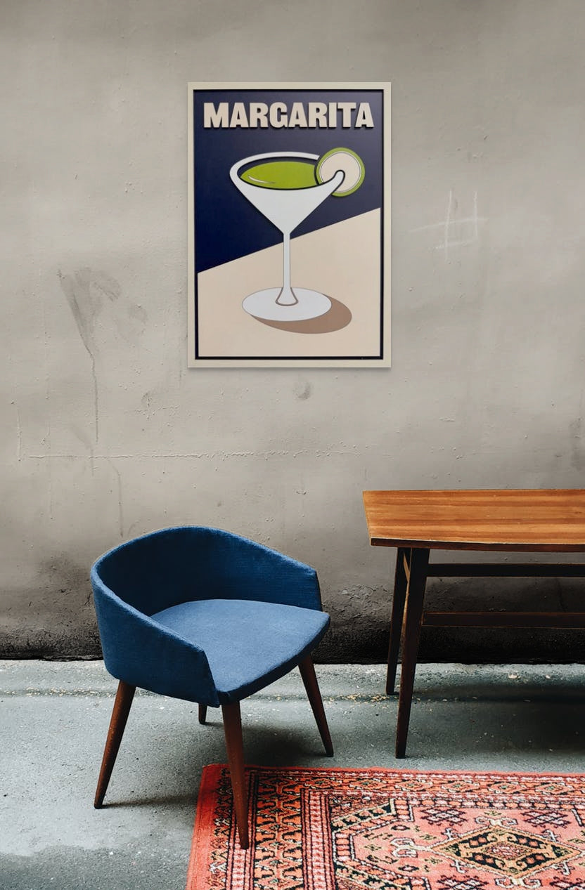 Minimalist wooden wall art of a Margarita cocktail glass. Laser-cut Margarita drink decor in natural wood finish. Modern Margarita cocktail silhouette wall hanging. Wooden bar wall art featuring Margarita cocktail design.