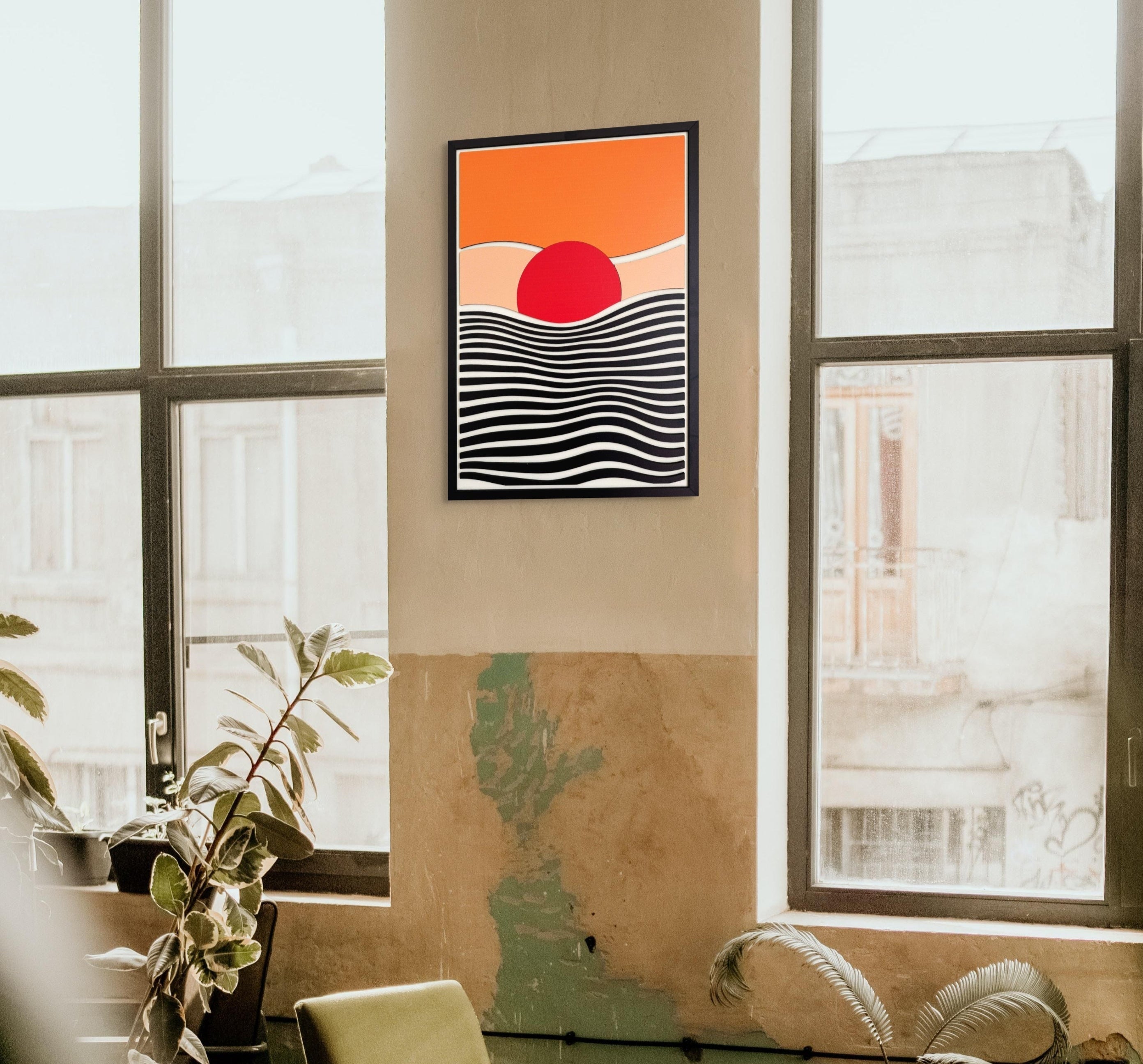 Laser cut modern sunset wall art with red sun, wavy black and white ocean lines, and minimalist orange and peach sky – abstract wooden wall decor for living room, bedroom, or office