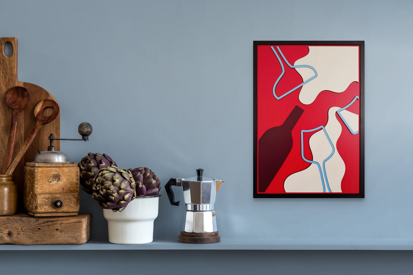 Uncorked wall art featuring a wine bottle pouring red wine into glasses, with a color palette of red, burgundy, black, off-white, and light blue. Perfect for wine lovers and home decor enthusiasts.