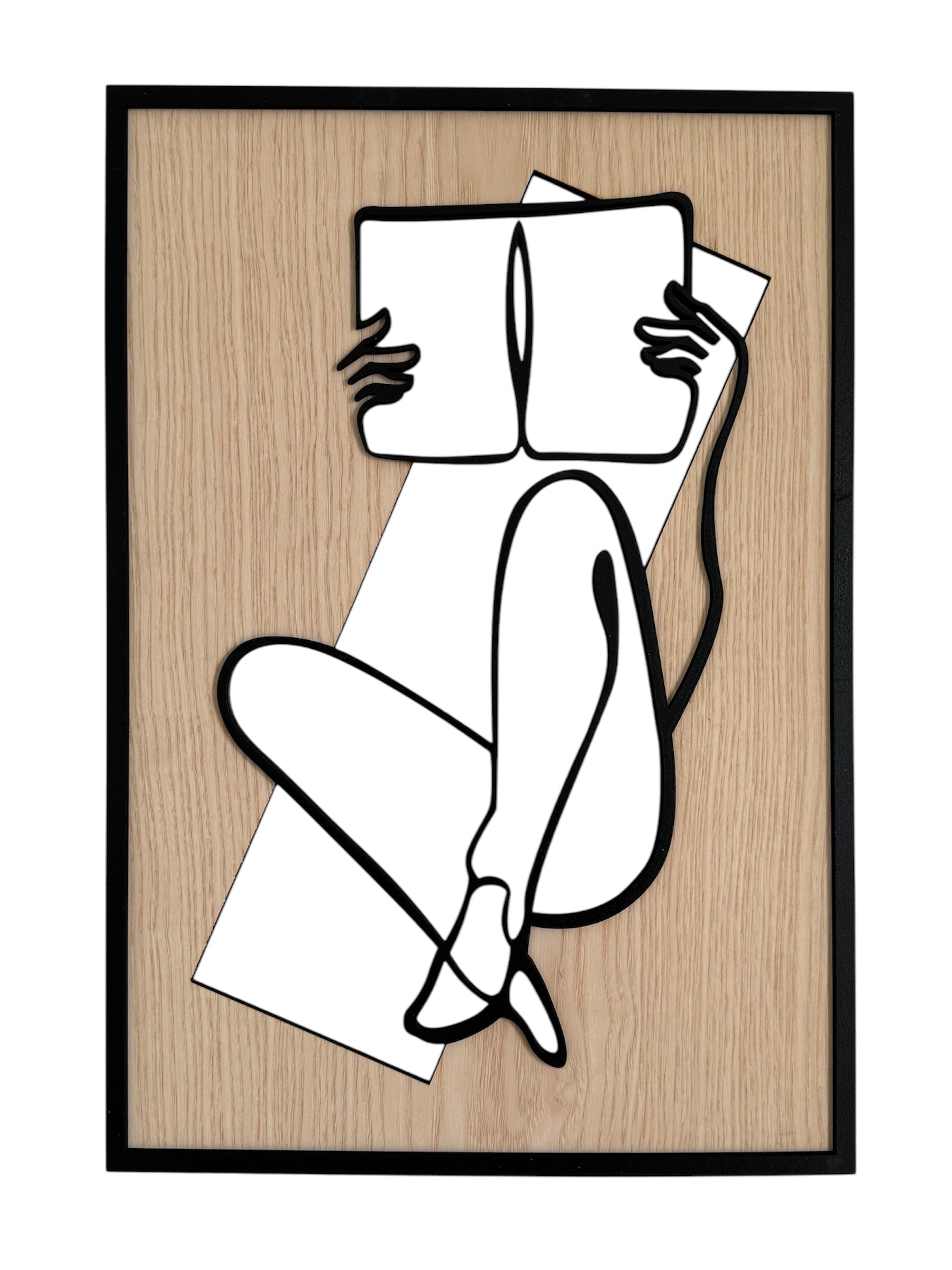 Chapter One wall art in one-line art style featuring a woman reading a book, drawn with minimalist black lines and natural wood tones. Perfect for book lovers, modern, and minimalist decor.