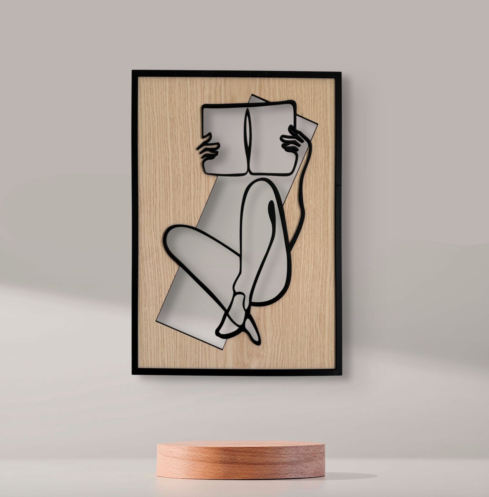 Chapter One wall art in one-line art style featuring a woman reading a book, drawn with minimalist black lines and natural wood tones. Perfect for book lovers, modern, and minimalist decor.