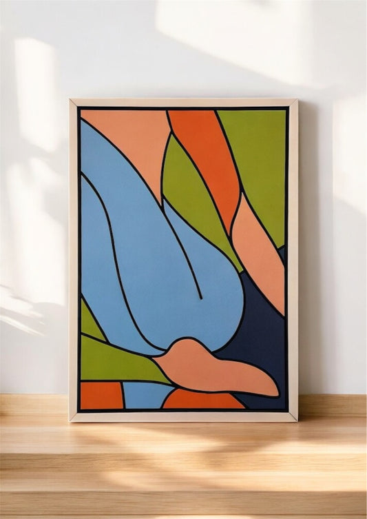 Colourful Elegance wall art of abstract woman in vibrant orange, blue, green, and pink tones – modern laser cut wooden decor for living rooms or galleries