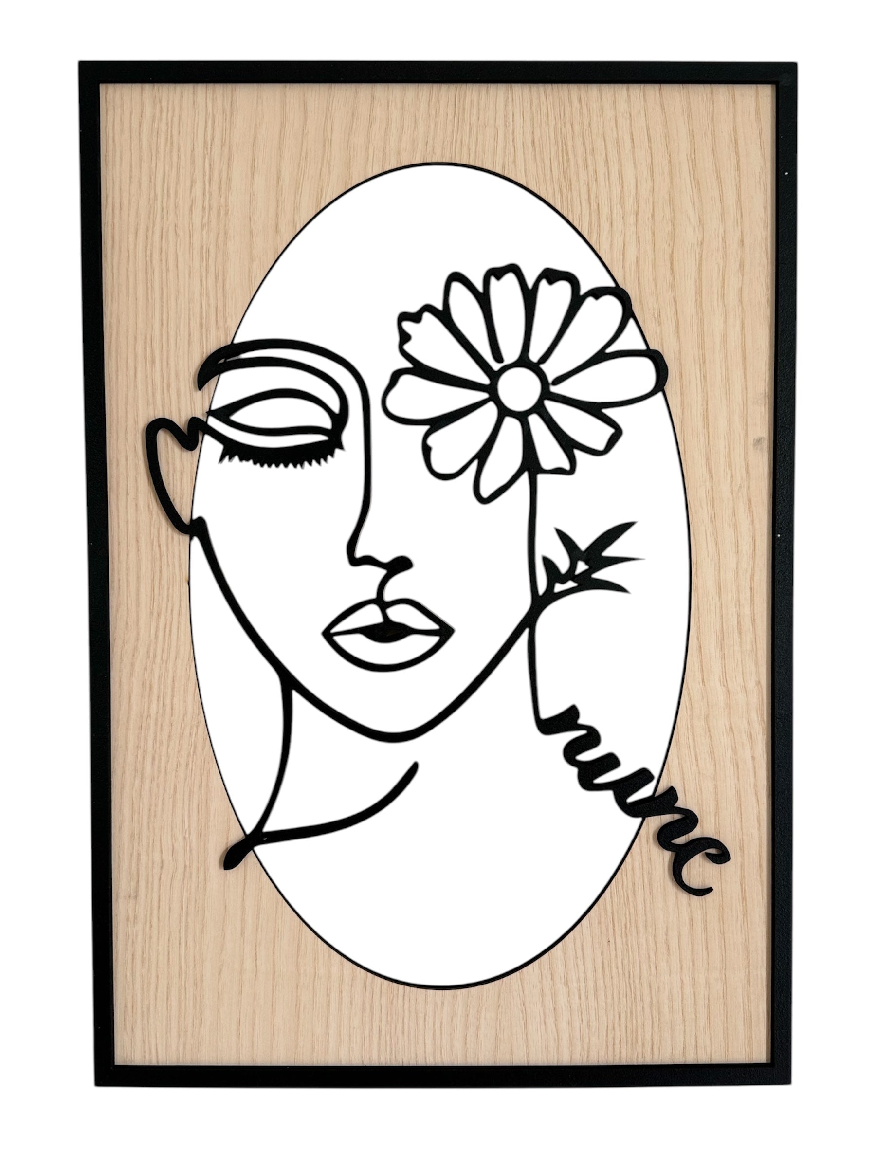 Bloomed Eye wall art in one-line art style featuring a woman’s face with one eye covered by a daisy, drawn in minimalist black lines with natural wood tones. Perfect for floral, modern, and minimalist decor.