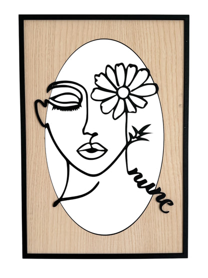 Bloomed Eye wall art in one-line art style featuring a woman’s face with one eye covered by a daisy, drawn in minimalist black lines with natural wood tones. Perfect for floral, modern, and minimalist decor.