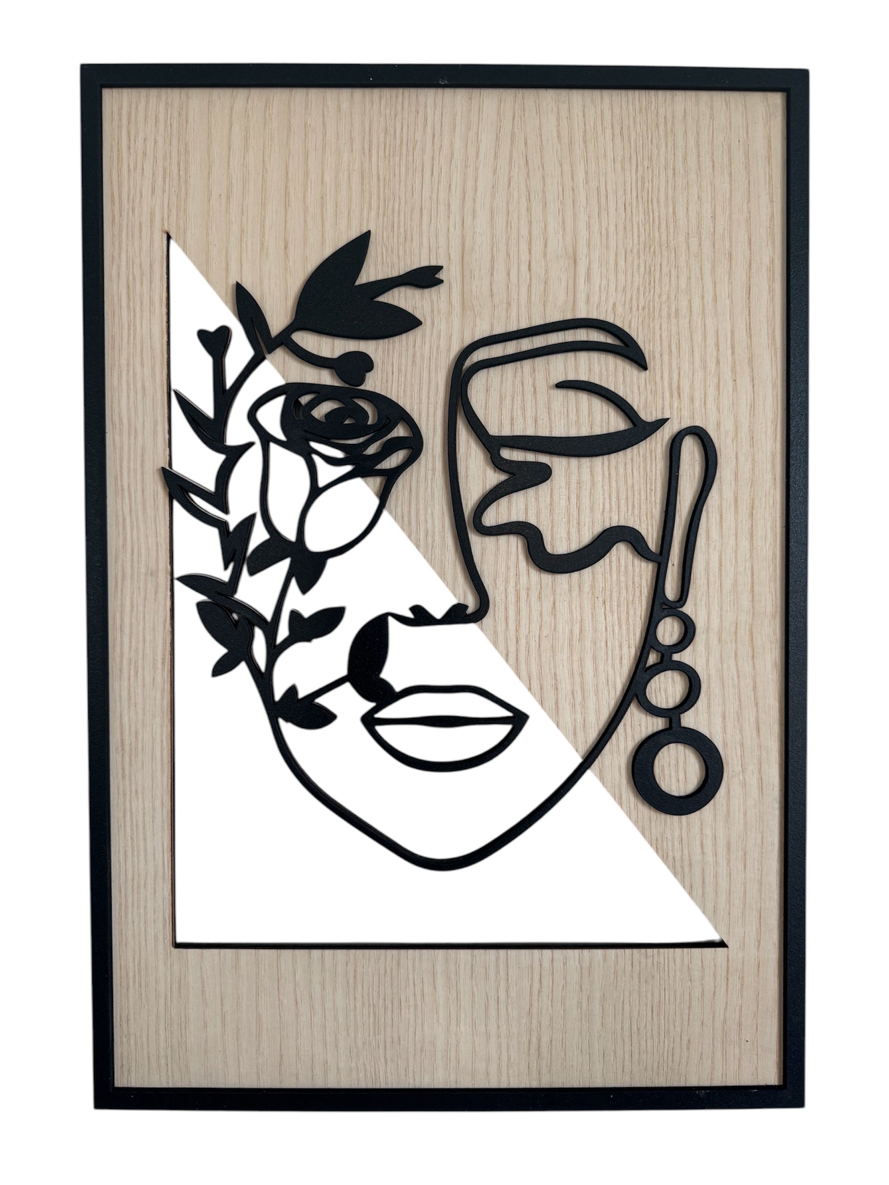 Floral Whisper wall art in one-line art style featuring a woman’s face half-covered by delicate flowers, drawn in minimalist black lines with natural wood tones. Perfect for floral, modern, and minimalist decor.