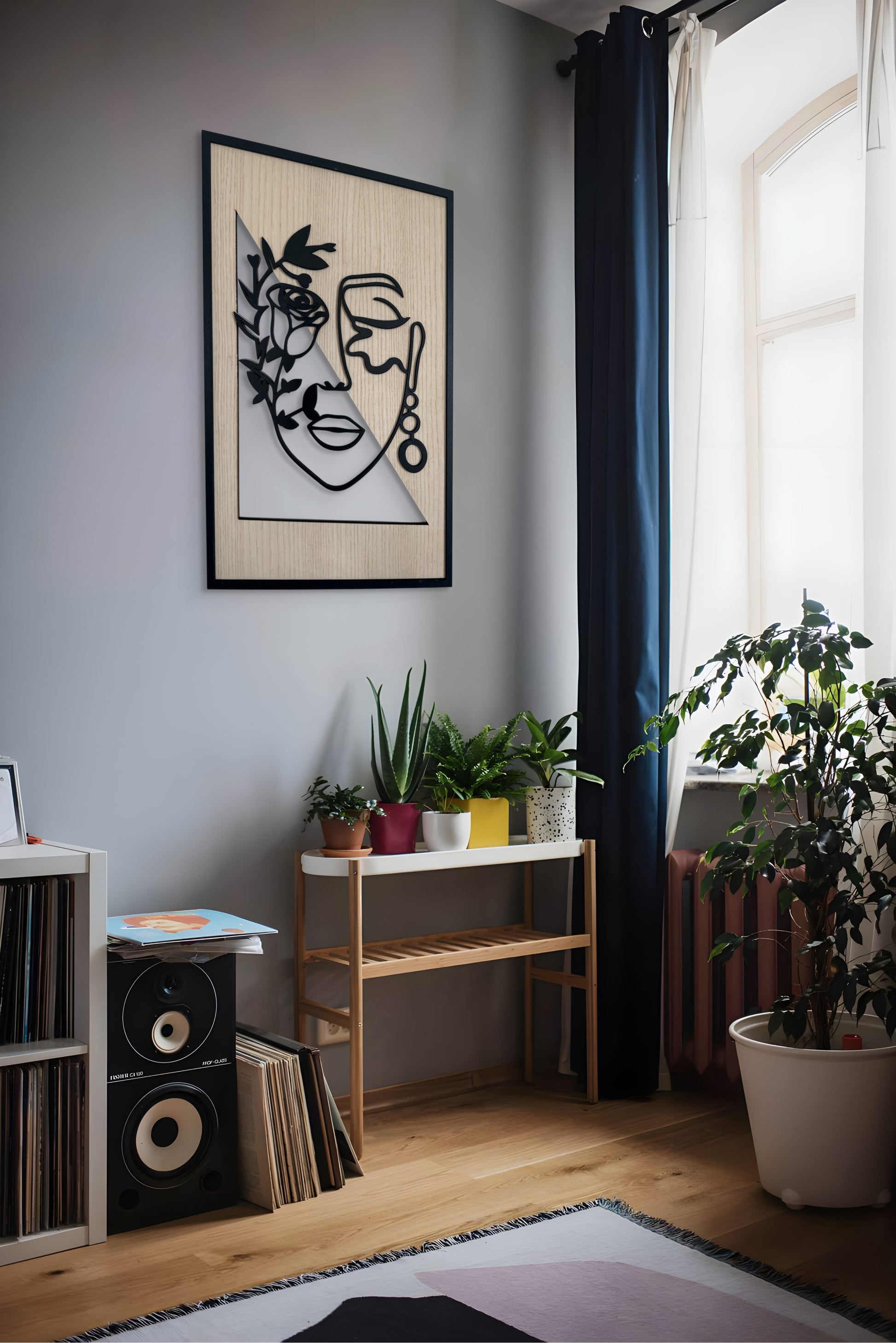 Floral Whisper wall art in one-line art style featuring a woman’s face half-covered by delicate flowers, drawn in minimalist black lines with natural wood tones. Perfect for floral, modern, and minimalist decor.
