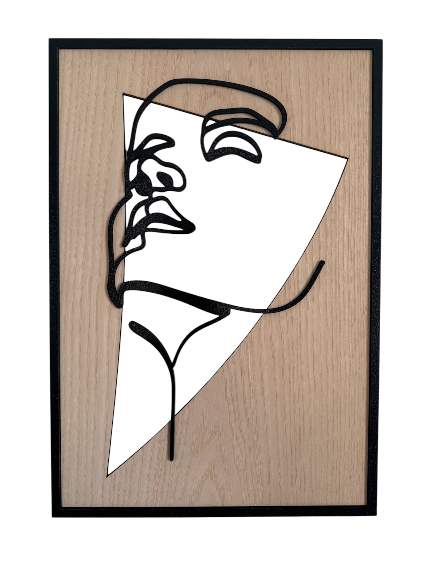 Sun Kissed wall art in one-line art style showing a face gazing at the sun, drawn with minimalist black lines and natural wood tones. Ideal for serene, modern decor.