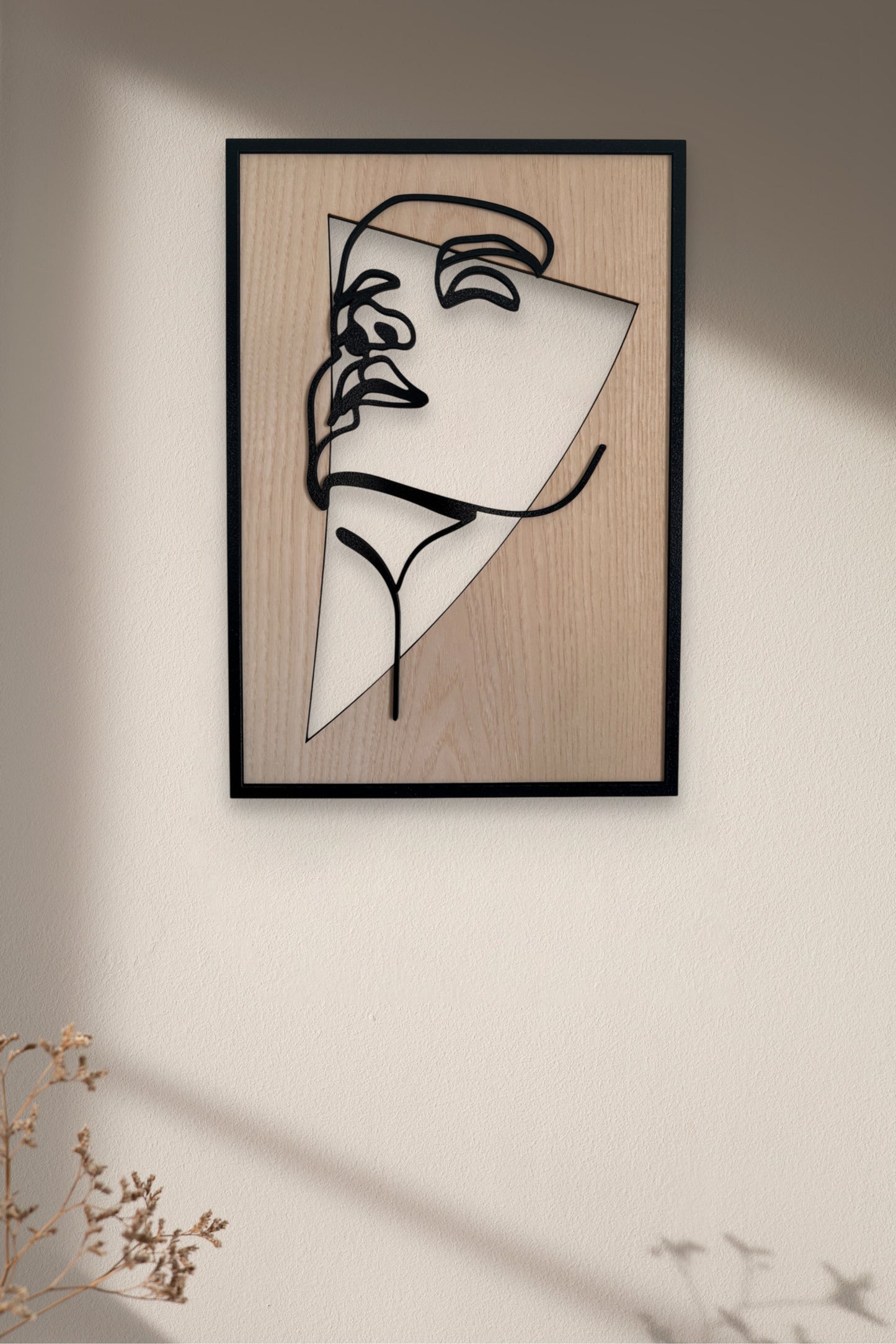 Sun Kissed wall art in one-line art style showing a face gazing at the sun, drawn with minimalist black lines and natural wood tones. Ideal for serene, modern decor.