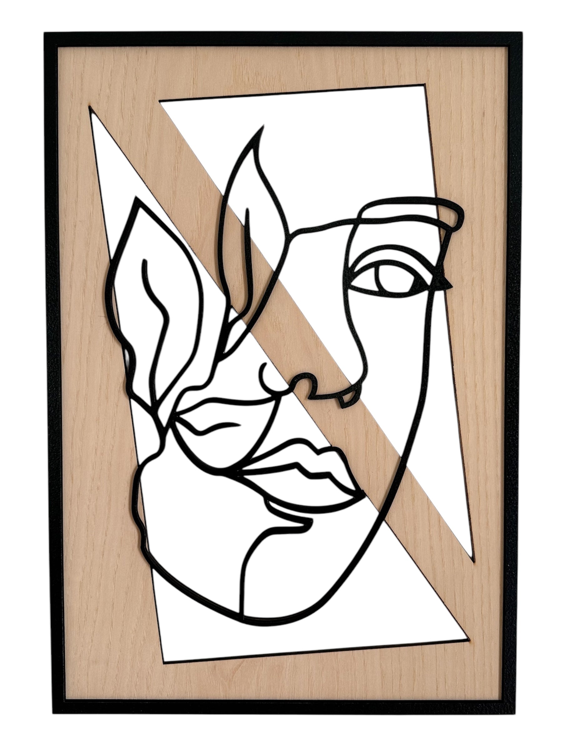 Leafed Gaze wall art in one-line art style featuring a woman’s face partially veiled by three delicate leaves, using minimalist black lines and natural wood tones. Perfect for nature-inspired, modern decor.