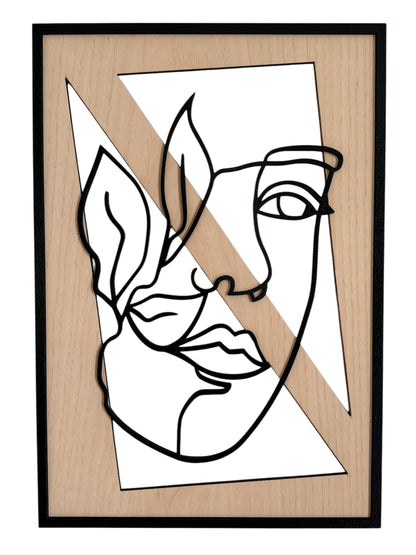 Leafed Gaze wall art in one-line art style featuring a woman’s face partially veiled by three delicate leaves, using minimalist black lines and natural wood tones. Perfect for nature-inspired, modern decor.