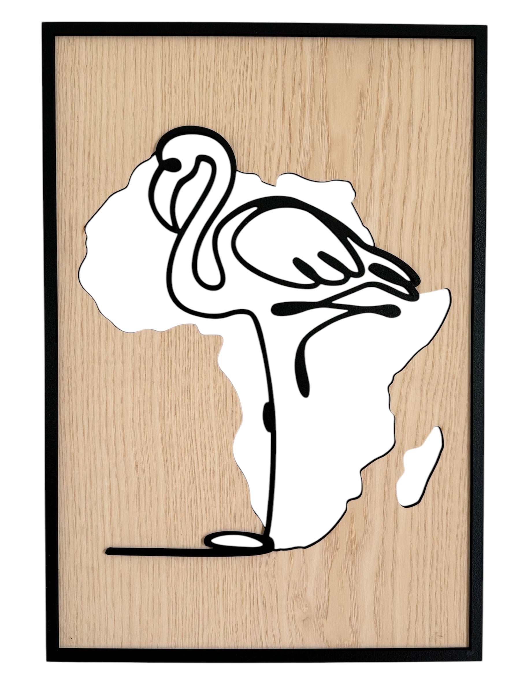Flamingo wall art in one-line art style featuring a flamingo with the Africa continent shape in the background, using minimalist black lines and natural wood tones. Perfect for modern, safari-inspired decor.