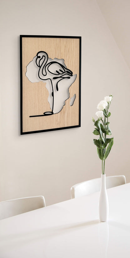 Flamingo wall art in one-line art style featuring a flamingo with the Africa continent shape in the background, using minimalist black lines and natural wood tones. Perfect for modern, safari-inspired decor.