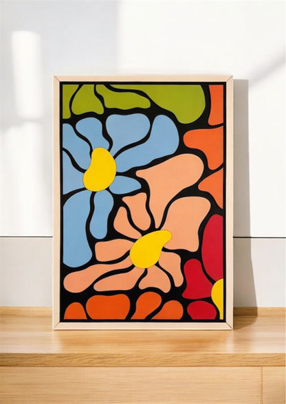Flowers abstract wall art featuring vibrant abstract flowers in green, blue, orange, black, yellow, pink, and off-white. Perfect for colorful and modern home decor.