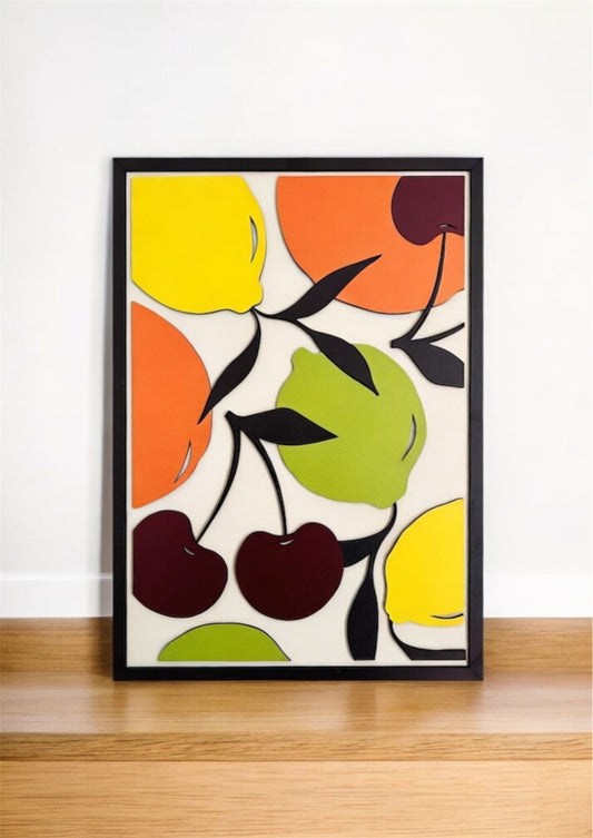 Fruits wall art featuring vibrant oranges, lemons, limes, and cherries, with a color palette of green, yellow, orange, black, burgundy, and off-white. Perfect for kitchen and dining room decor.