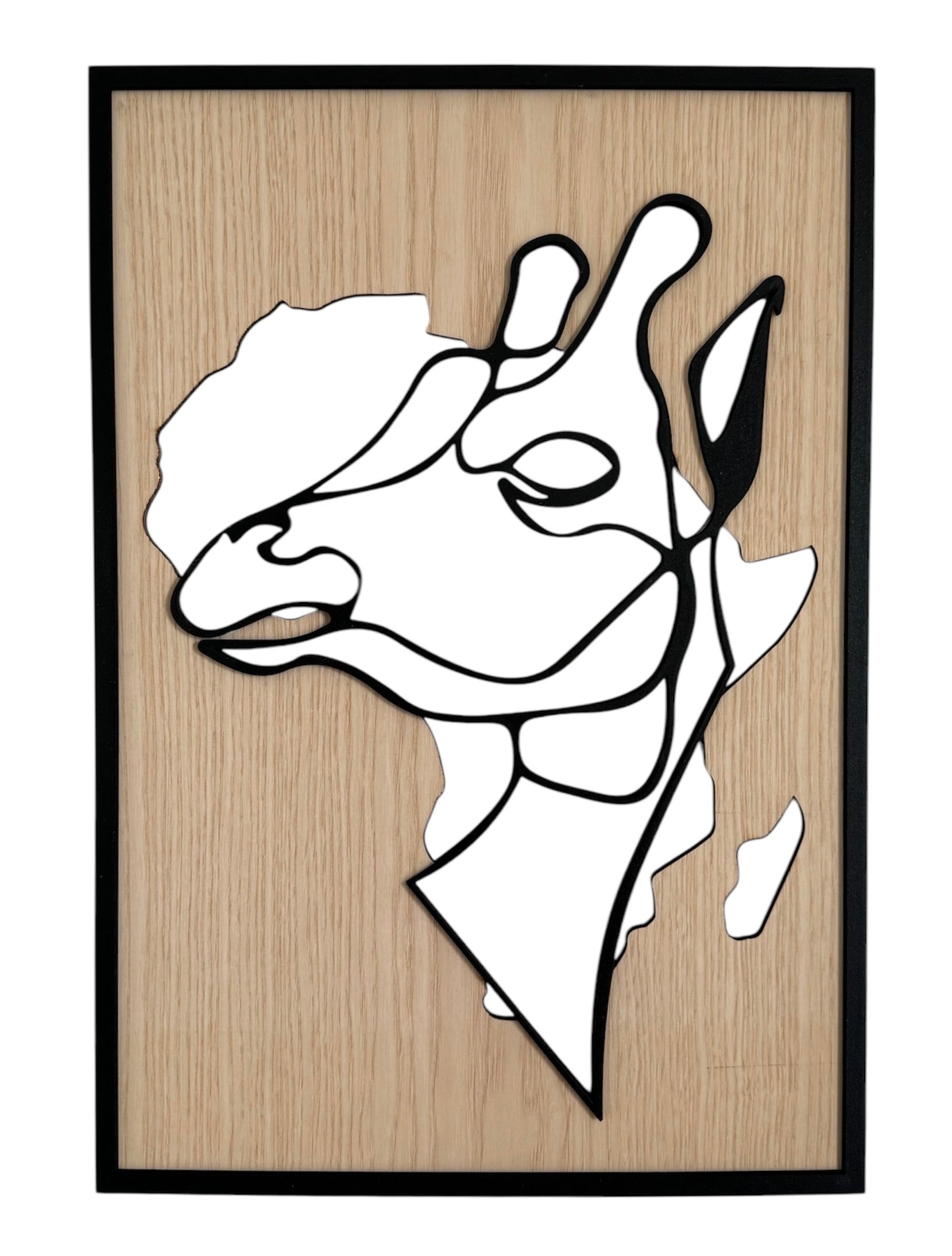 Tall Grace wall art in one-line art style featuring a graceful giraffe with the shape of Africa in the background, using minimalist black lines and wood tones. Ideal for safari-themed and modern decor.