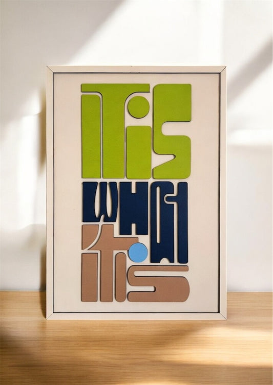 It Is What It Is wall art featuring the phrase in bold lettering, with a color palette of green, blue, sand, and off-white. Perfect for modern and inspirational home decor.