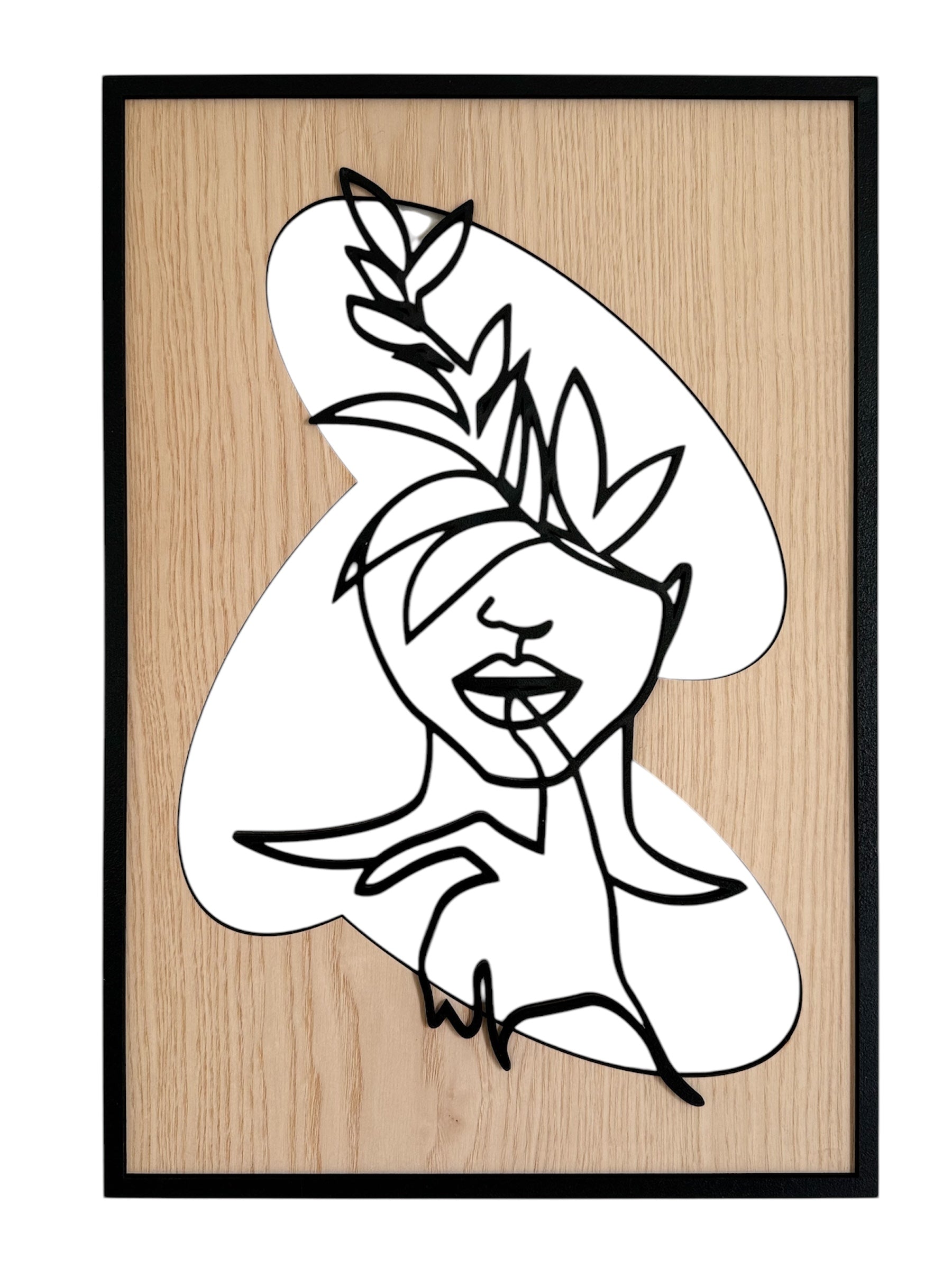 Hidden Voice wall art in one-line art style featuring a woman's face with a finger on her lips, drawn in minimalist black lines with natural wood tones. Ideal for modern and expressive decor.