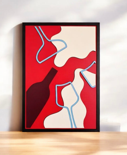 Uncorked wall art featuring a wine bottle pouring red wine into glasses, with a color palette of red, burgundy, black, off-white, and light blue. Perfect for wine lovers and home decor enthusiasts.