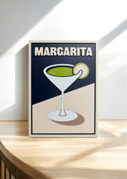 Minimalist wooden wall art of a Margarita cocktail glass. Laser-cut Margarita drink decor in natural wood finish. Modern Margarita cocktail silhouette wall hanging. Wooden bar wall art featuring Margarita cocktail design.