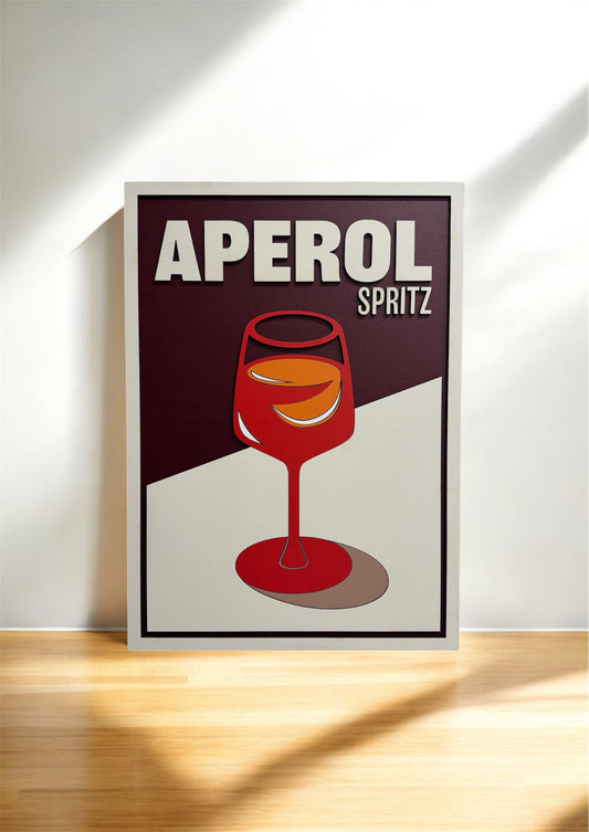 Minimalist wooden wall art of an Aperol Spritz cocktail. Laser-cut Aperol Spritz drink wall decor for kitchen or bar. Modern wooden Aperol Spritz wall art for home bar design.