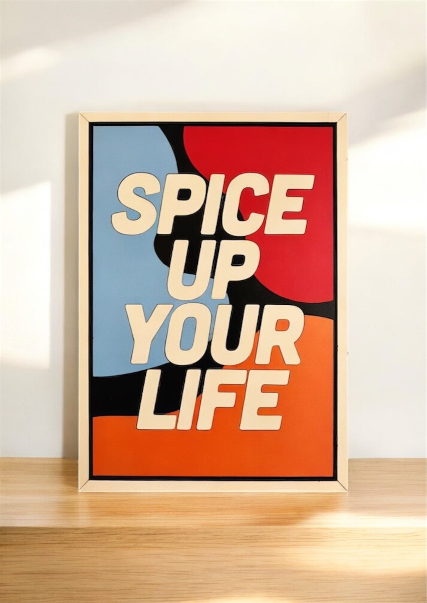 Spice Up Your Life wall art with bold wavy shapes in red, blue, orange, black and white – modern abstract laser cut wooden decor for kitchens or living rooms