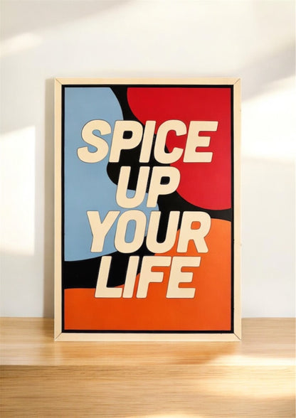 Spice Up Your Life wall art with bold wavy shapes in red, blue, orange, black and white – modern abstract laser cut wooden decor for kitchens or living rooms