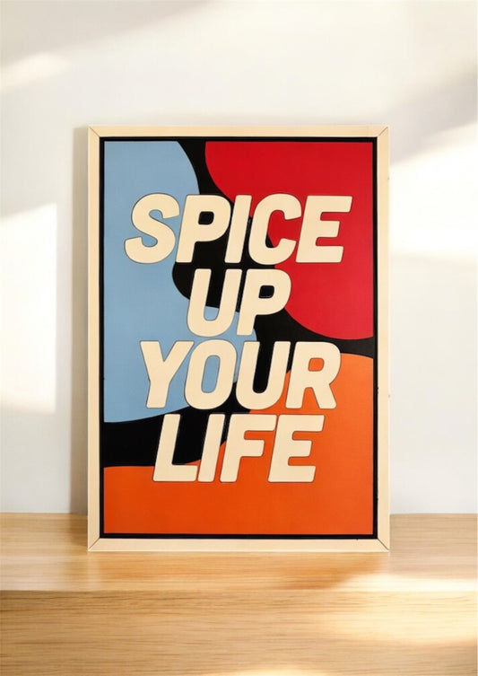 Spice Up Your Life wall art with bold wavy shapes in red, blue, orange, black and white – modern abstract laser cut wooden decor for kitchens or living rooms
