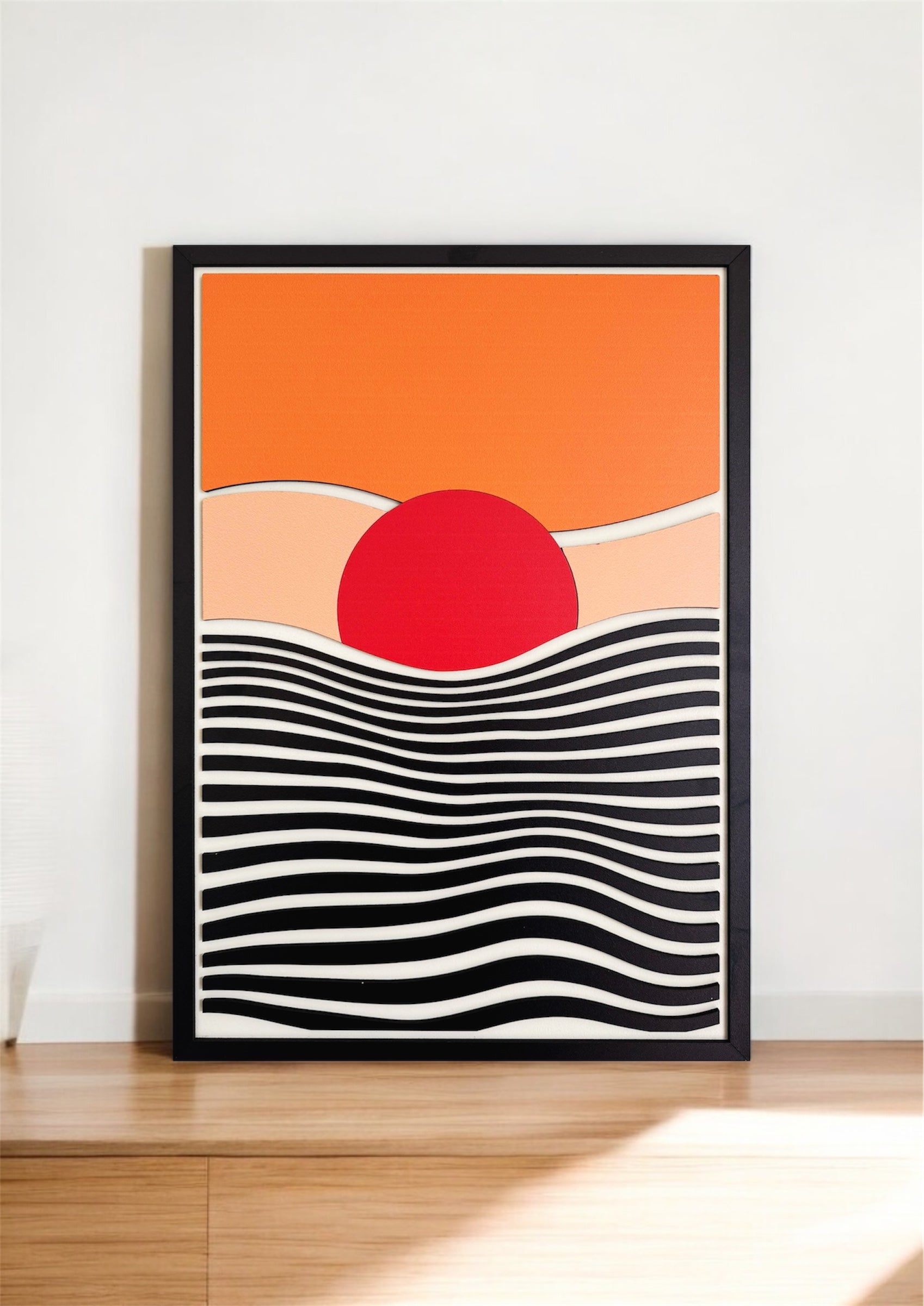 Laser cut modern sunset wall art with red sun, wavy black and white ocean lines, and minimalist orange and peach sky – abstract wooden wall decor for living room, bedroom, or office