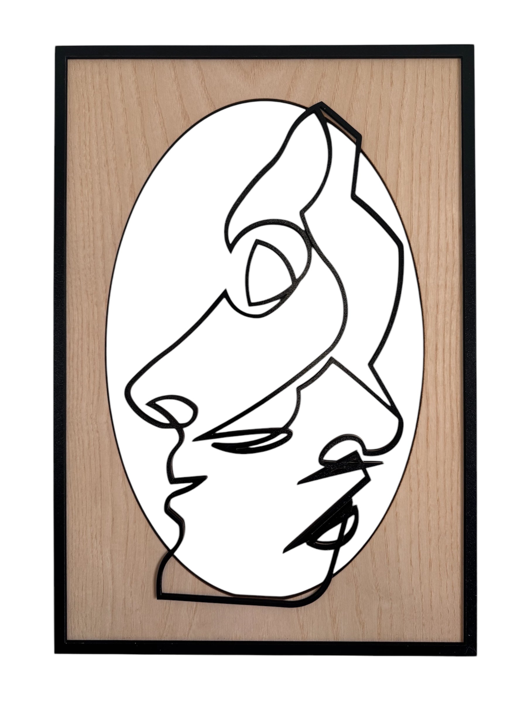 Close Together one-line art wall art featuring two faces gently embracing in a minimalist black line style with natural wood tones. Perfect for modern and romantic decor.