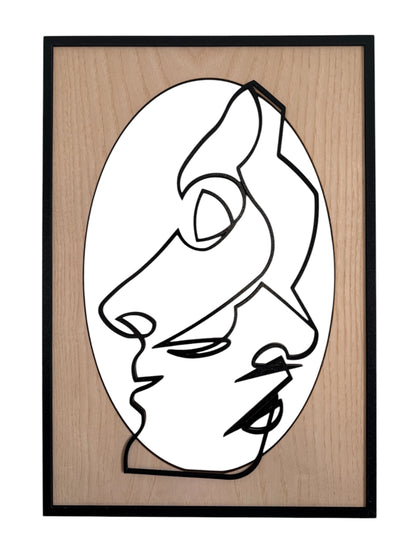 Close Together one-line art wall art featuring two faces gently embracing in a minimalist black line style with natural wood tones. Perfect for modern and romantic decor.