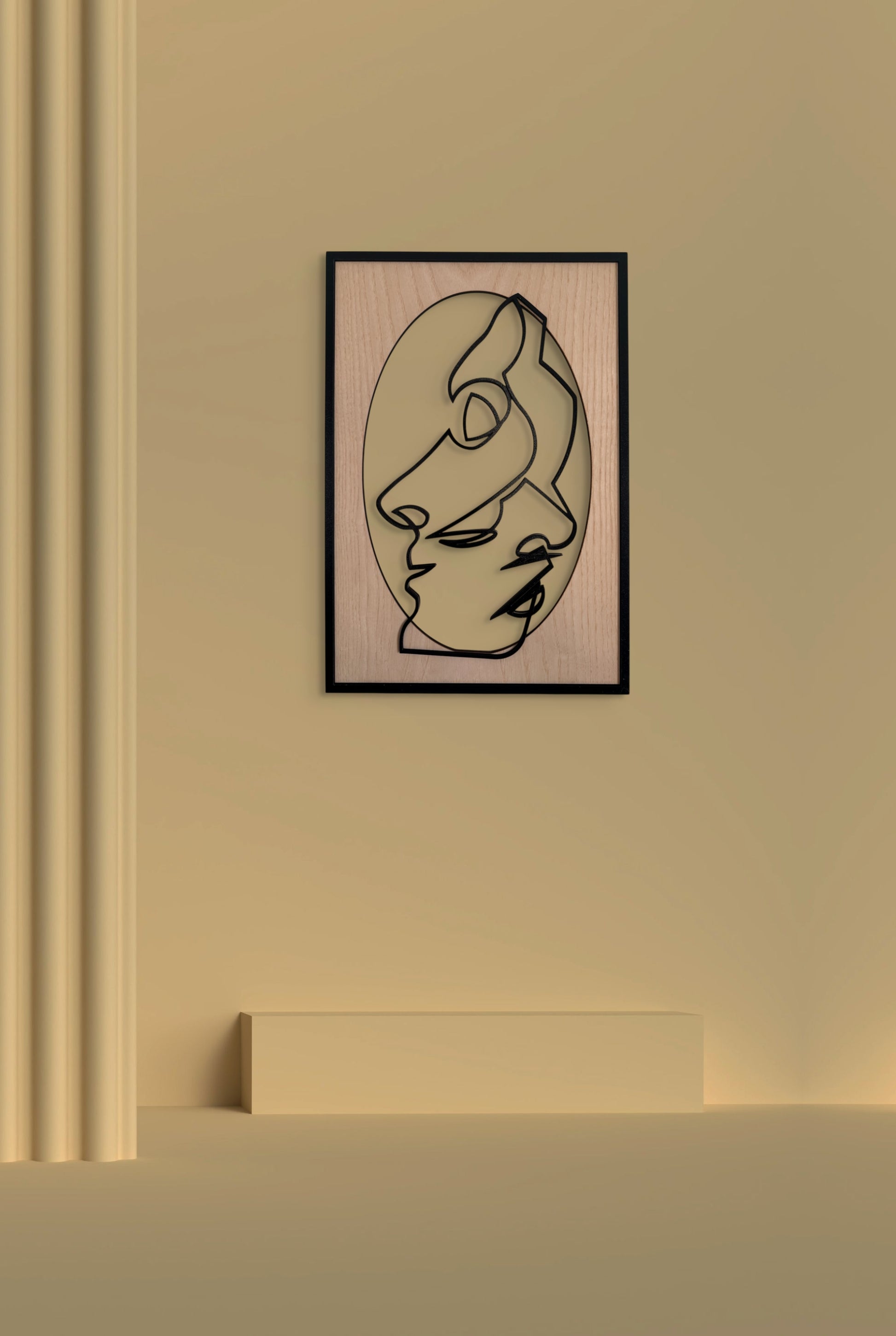 Close Together one-line art wall art featuring two faces gently embracing in a minimalist black line style with natural wood tones. Perfect for modern and romantic decor.