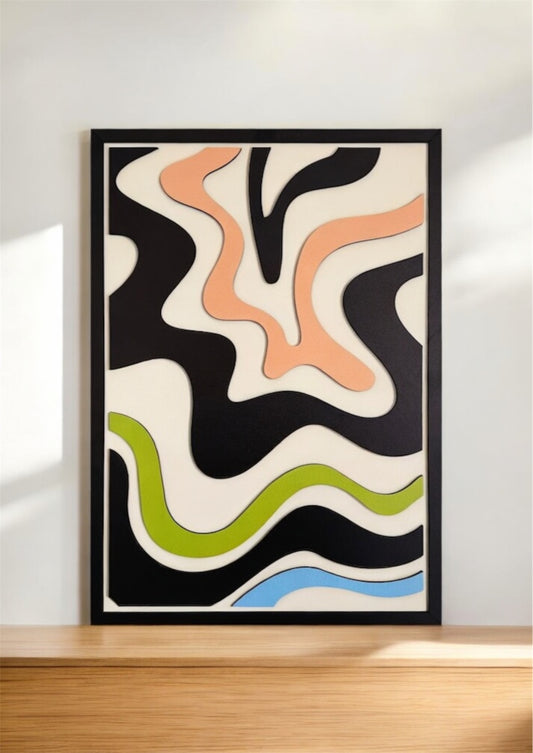 Waves abstract wall art featuring wavy shapes in black, pink, blue, green, and off-white. Ideal for modern home decor, living rooms, and contemporary spaces.