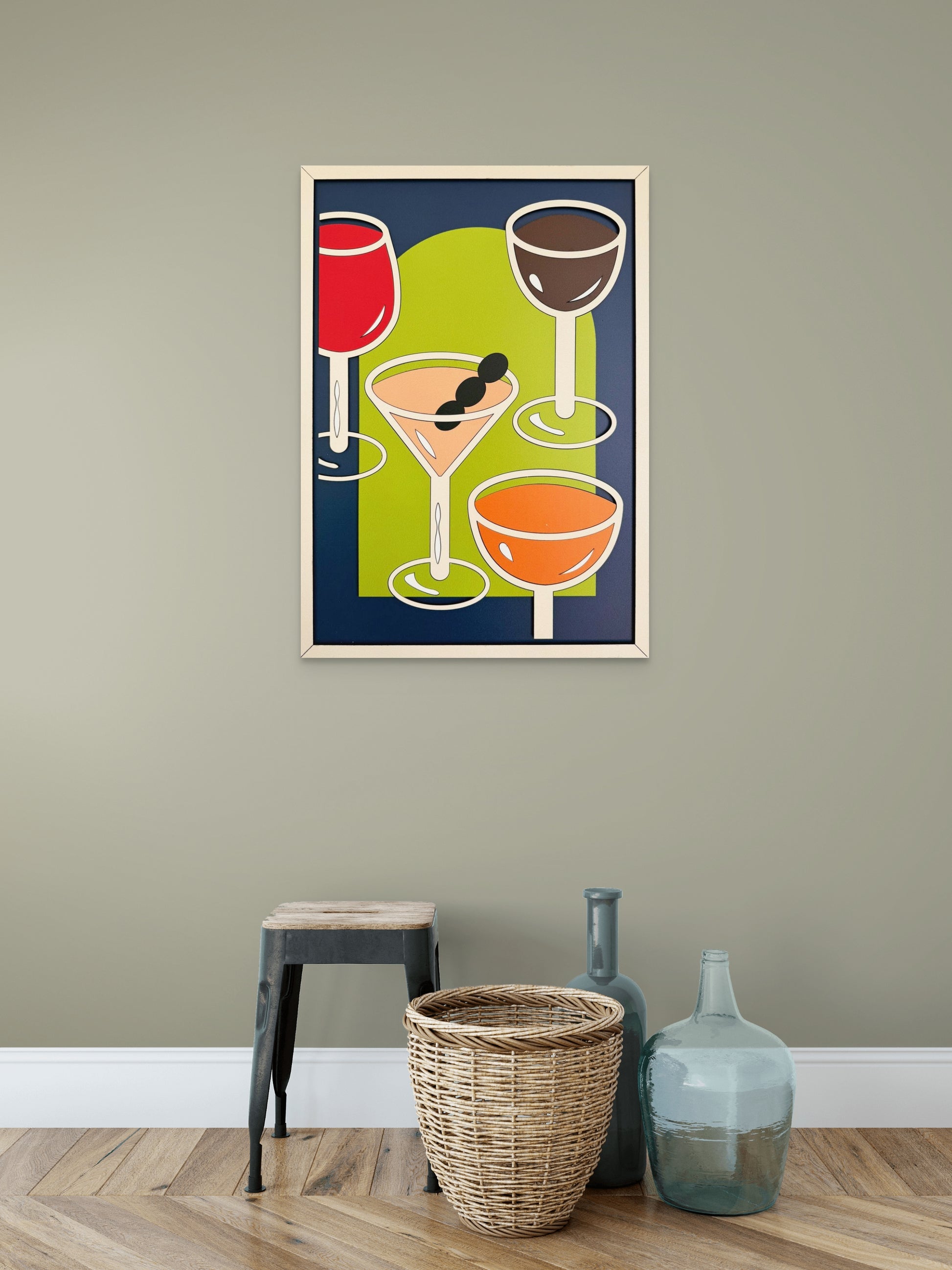 Raise Your Glass wall art featuring a variety of drinks in blue, brown, red, pink, orange, green, and off-white. Perfect for bar, kitchen, or dining room decor.