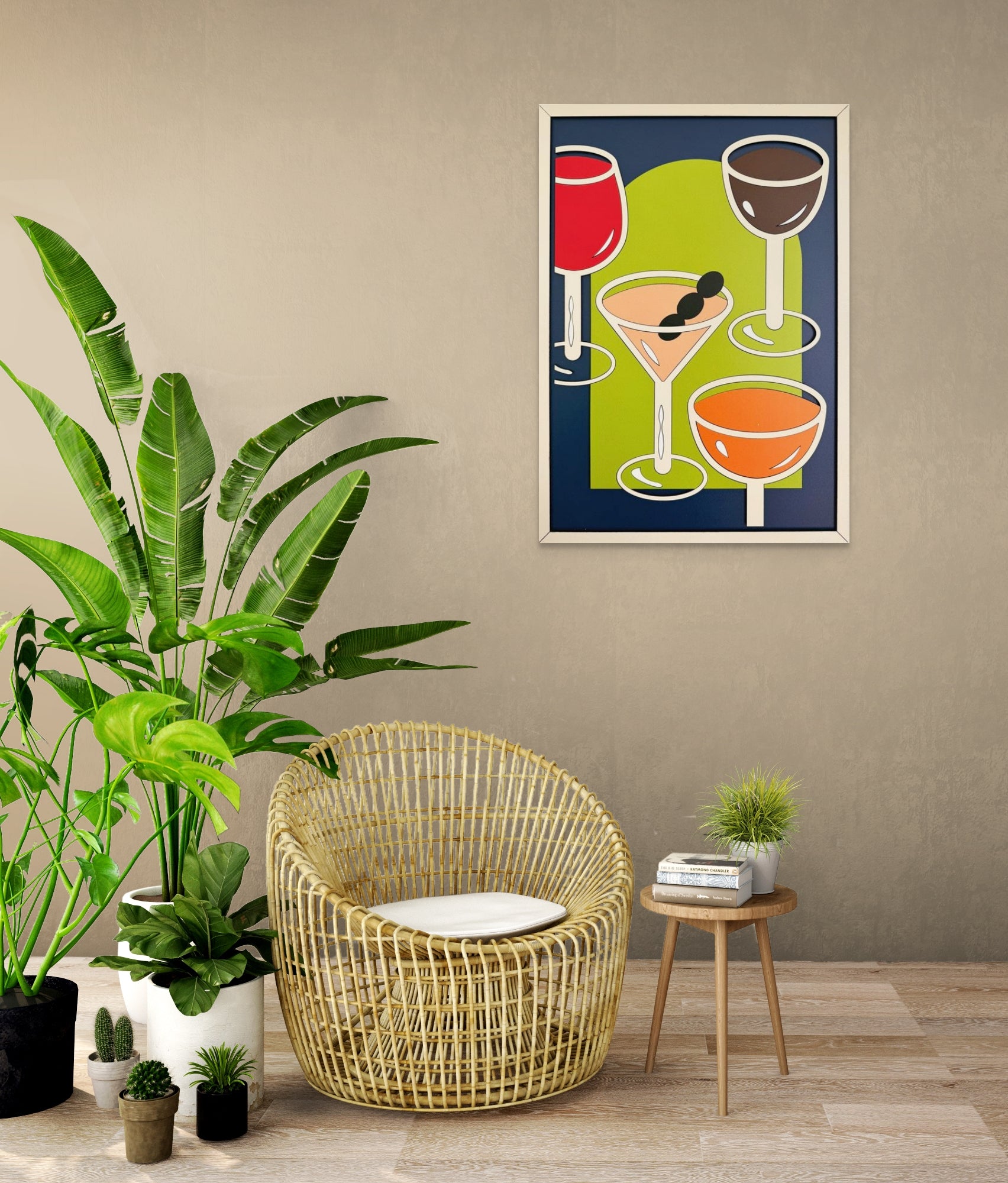 Raise Your Glass wall art featuring a variety of drinks in blue, brown, red, pink, orange, green, and off-white. Perfect for bar, kitchen, or dining room decor.