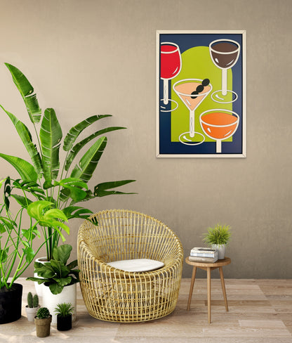 Raise Your Glass wall art featuring a variety of drinks in blue, brown, red, pink, orange, green, and off-white. Perfect for bar, kitchen, or dining room decor.
