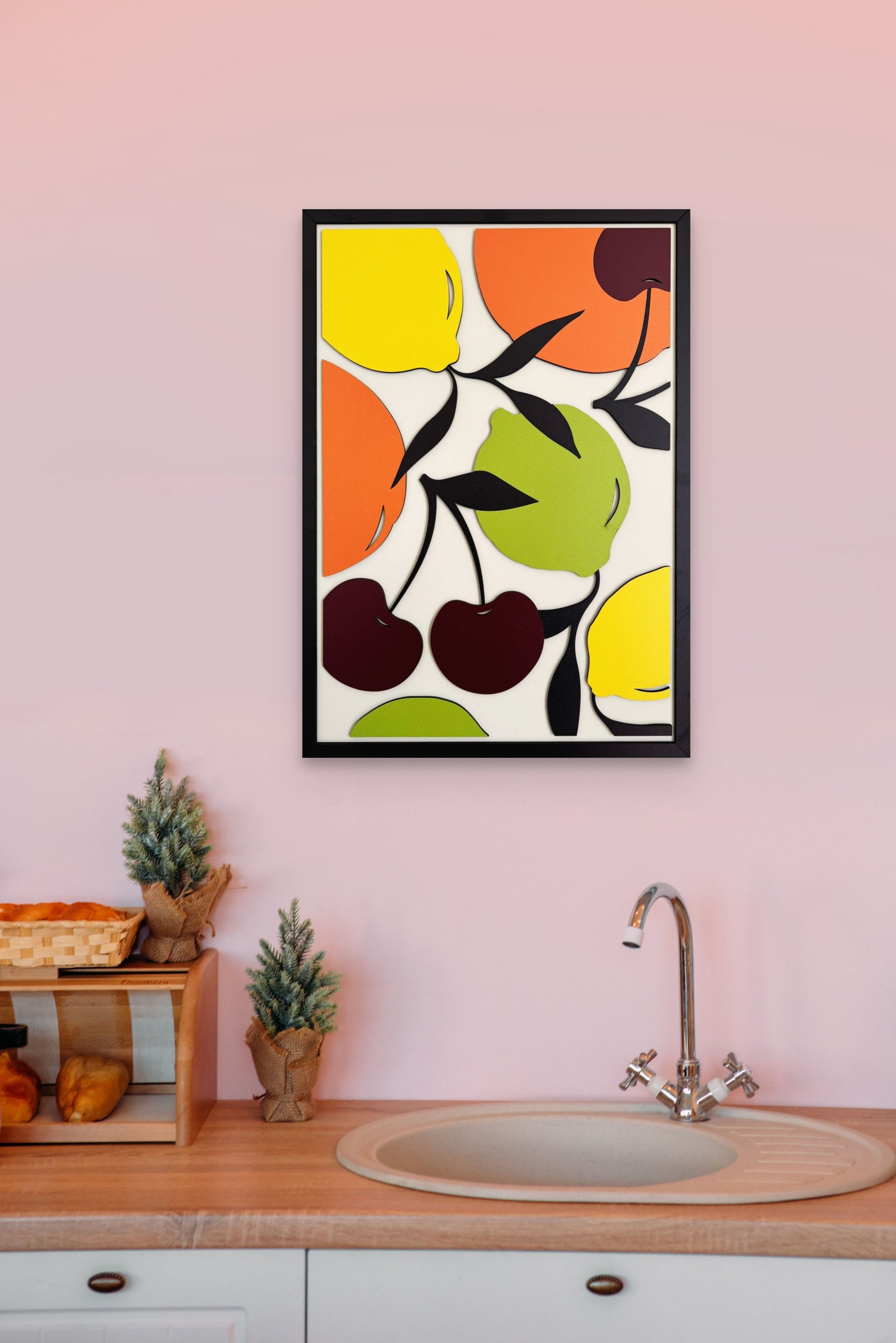 Fruits wall art featuring vibrant oranges, lemons, limes, and cherries, with a color palette of green, yellow, orange, black, burgundy, and off-white. Perfect for kitchen and dining room decor.