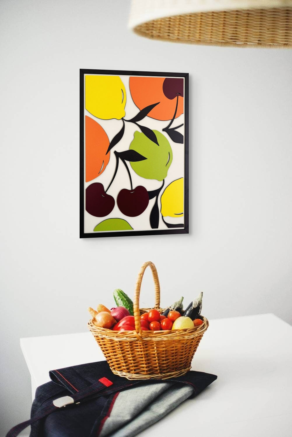 Fruits wall art featuring vibrant oranges, lemons, limes, and cherries, with a color palette of green, yellow, orange, black, burgundy, and off-white. Perfect for kitchen and dining room decor.