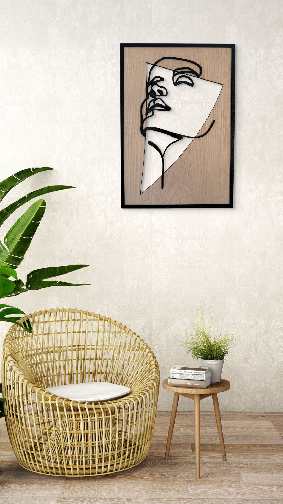 Sun Kissed wall art in one-line art style showing a face gazing at the sun, drawn with minimalist black lines and natural wood tones. Ideal for serene, modern decor.