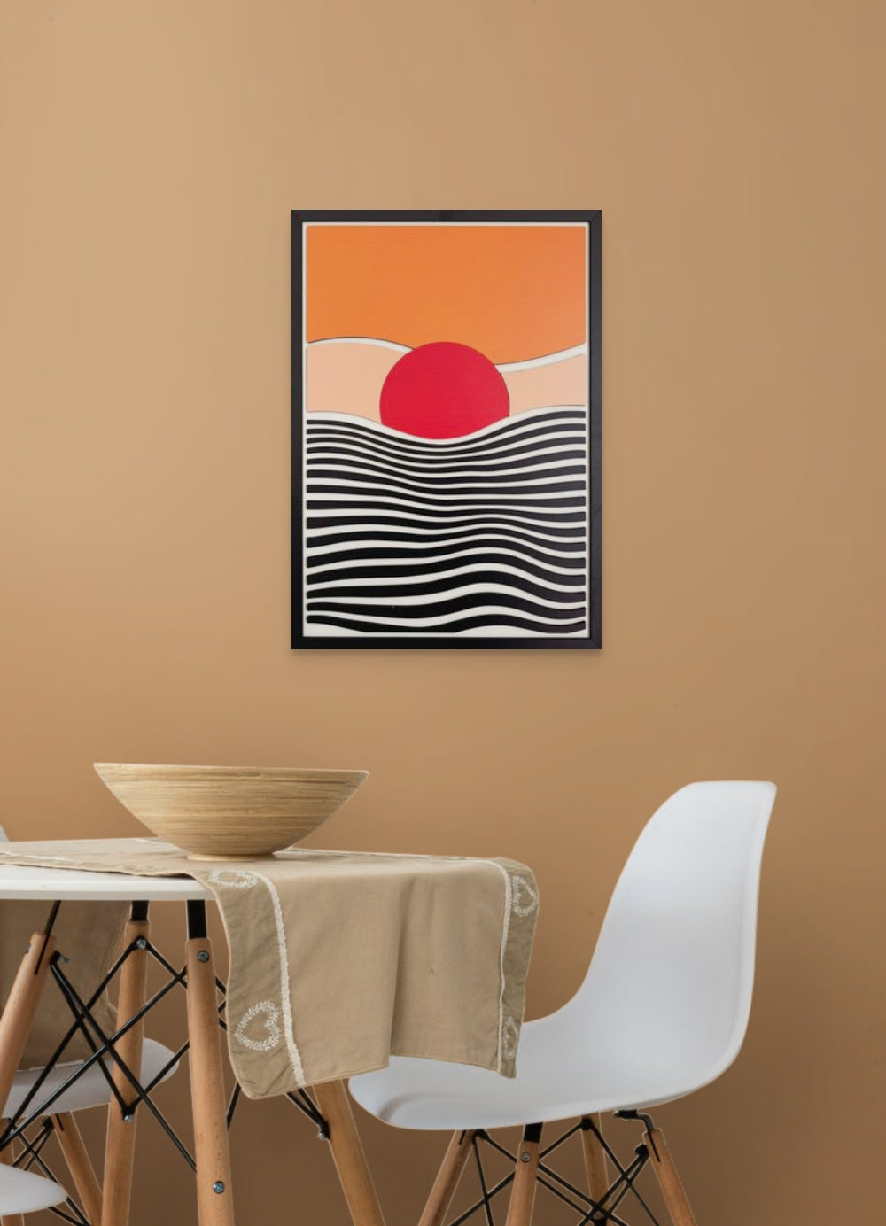 Laser cut modern sunset wall art with red sun, wavy black and white ocean lines, and minimalist orange and peach sky – abstract wooden wall decor for living room, bedroom, or office
